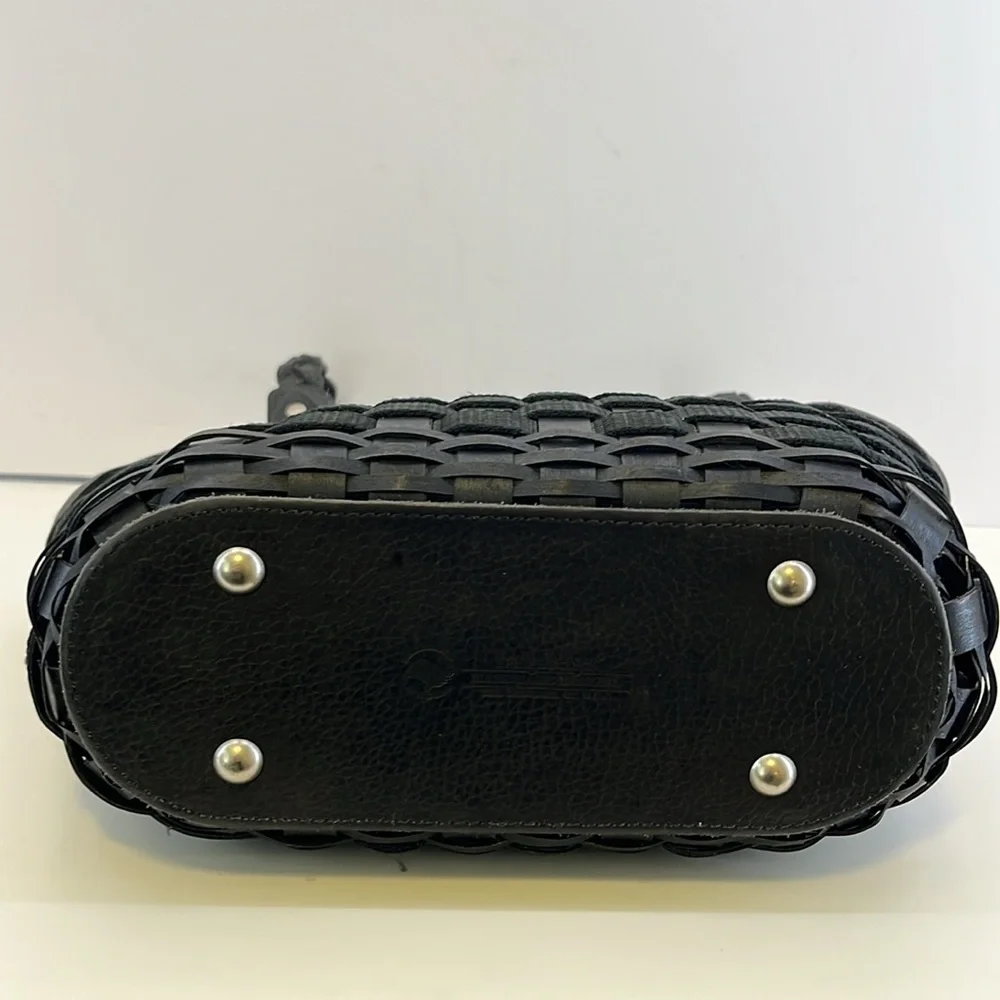 Longaberger Black Leather, Nylon & Wood Basket Weave Purse w/ Silver Tone Trim